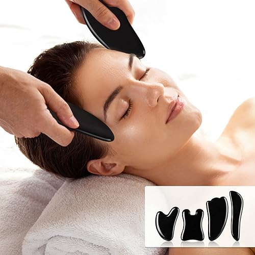 Vista 20 de airogym Herramienta de masaje Guasha, tabla de piedra natural Gua Sha, 4 piezas de piedra Guasha Scraping juegos de masaje para SPA acupuntura