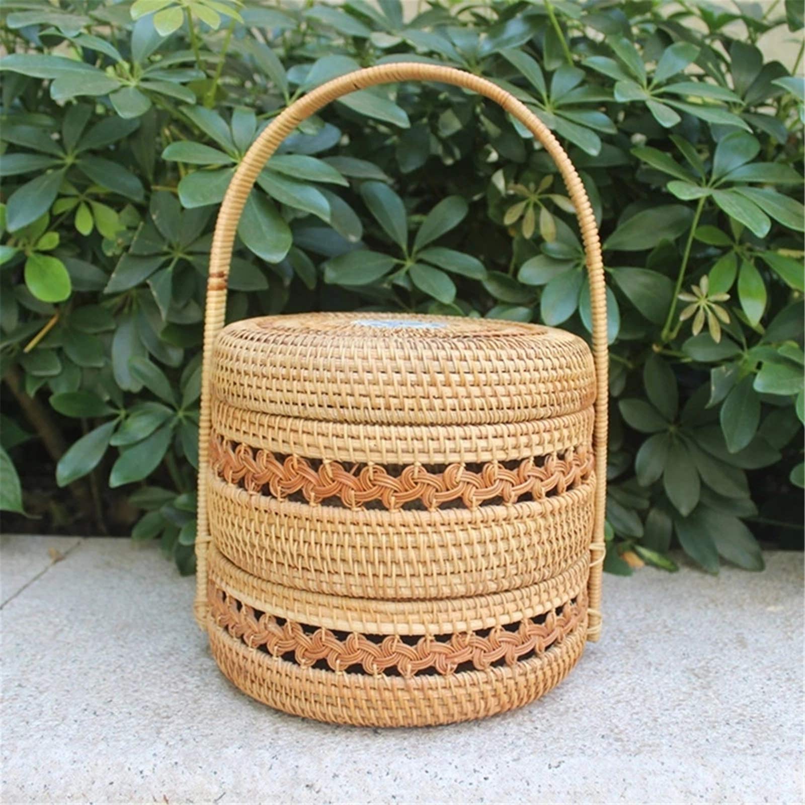 Wlrdpupje Wood Color Picnic Basket Pastoral Style Rattan Tray With Handle Shopping Picnic Basket For Picnic Camping Outdoor