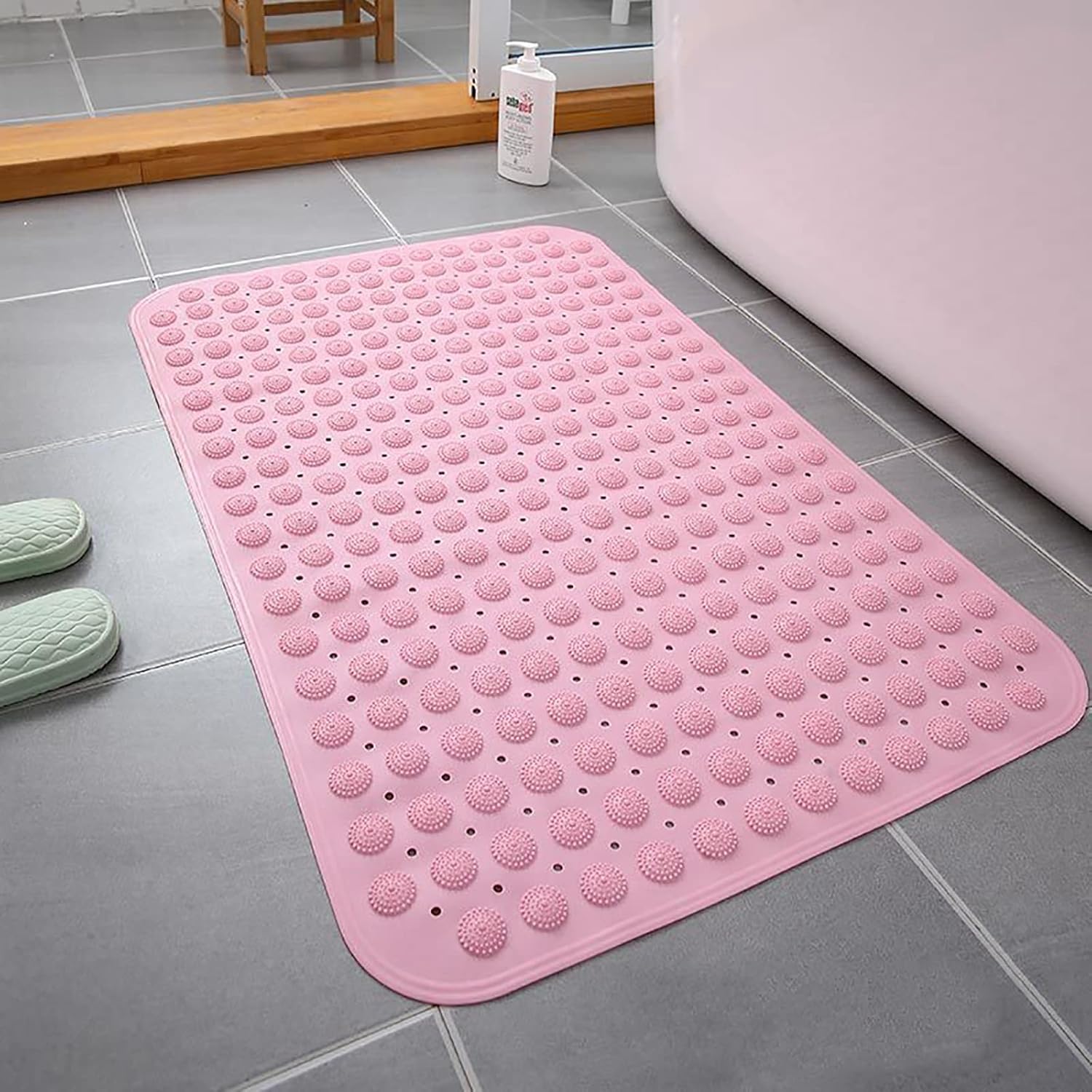 Square Bath Mat with Suction Cups,Non Slip Massage Bathroom Mat Soft Comfy Bathtub Mat with Drain Holes,Machine Washable,Shower Mat Pet Dog Bath Mat for Tub Bathroom-Pink 80x80cm(31x31inch)