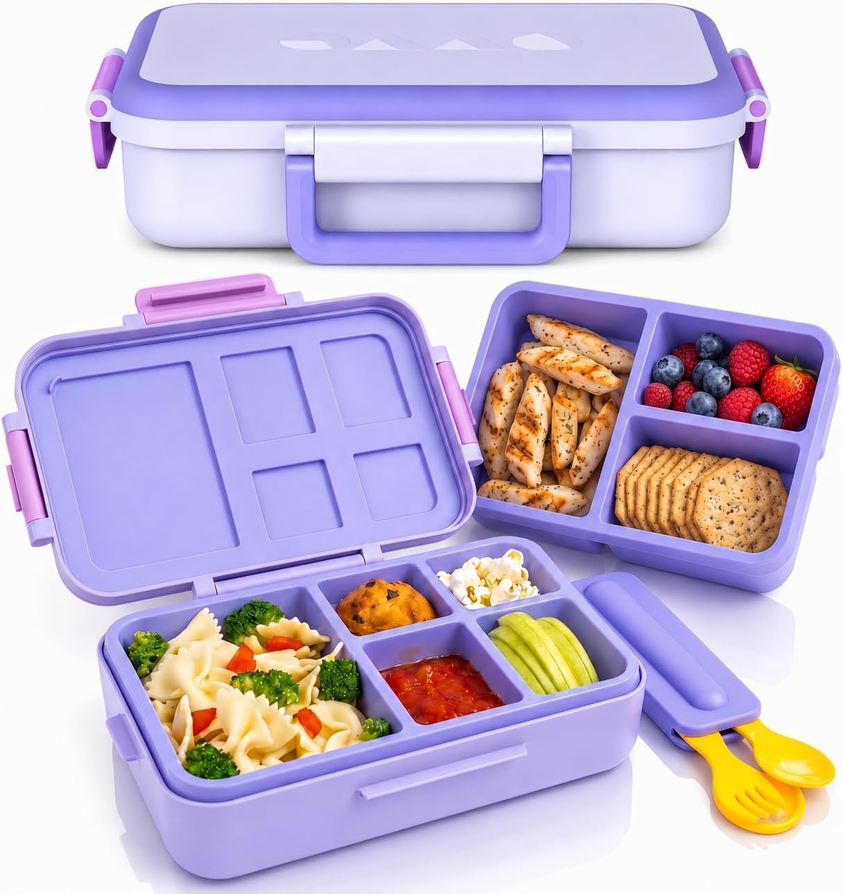 ovve Bento Box for Kids & Cutlery Set – Leakproof Kids Lunch Box, Interchangeable Inserts, BPA-Free, Dishwasher Safe Lunch Containers for School, Preschool, Toddler (Purple)