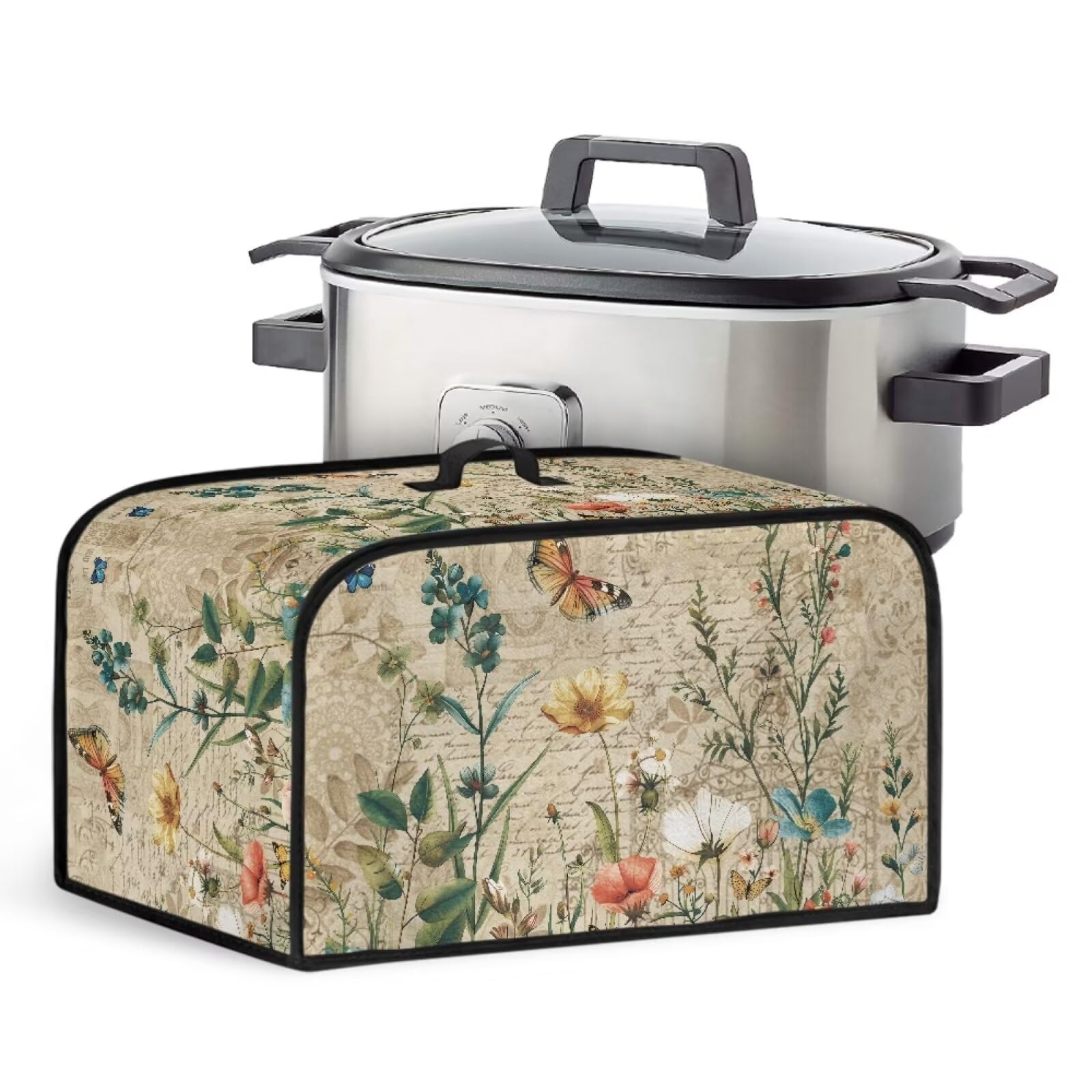 Vintage Butterfly Floral Print Dust Cover for Slow Cooker and Extra Accessories Multi-Cooker Crock Cover Kitchen Small Appliance