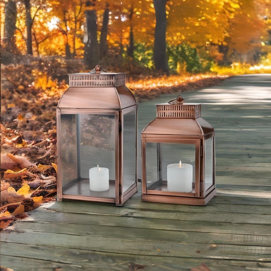 2er Set LED Vintage Windlicht Smilia aus Metall Glas Kupfer 49 cm