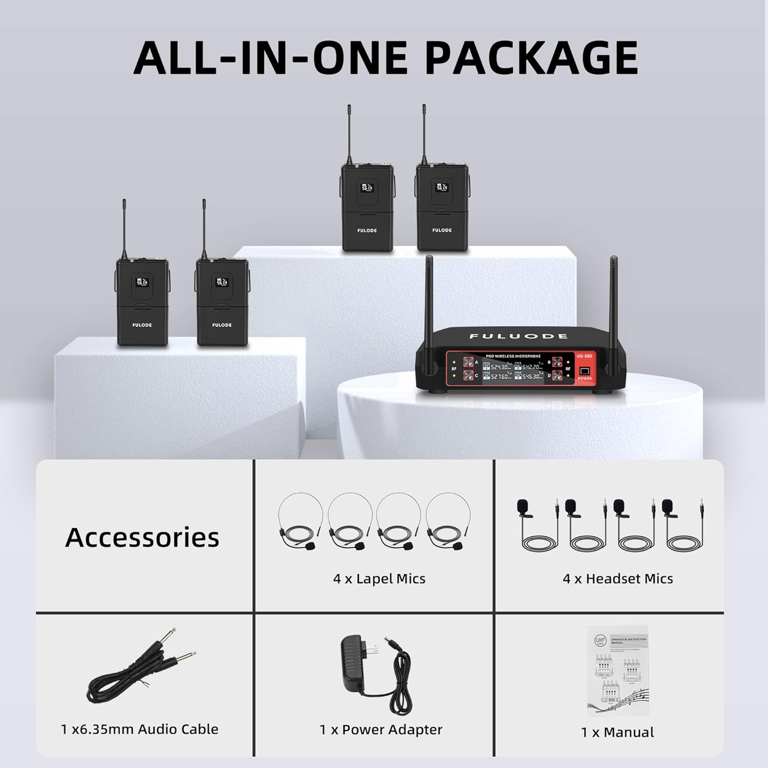 UG-550 Lapel Microphone Wireless Lavalier System, 4 Channel Professional UHF Microphone System with 4 Lavalier 4 Headset Mics for Singing Meeting Church Event TV Speaker (4 Bodypack) - Image 8