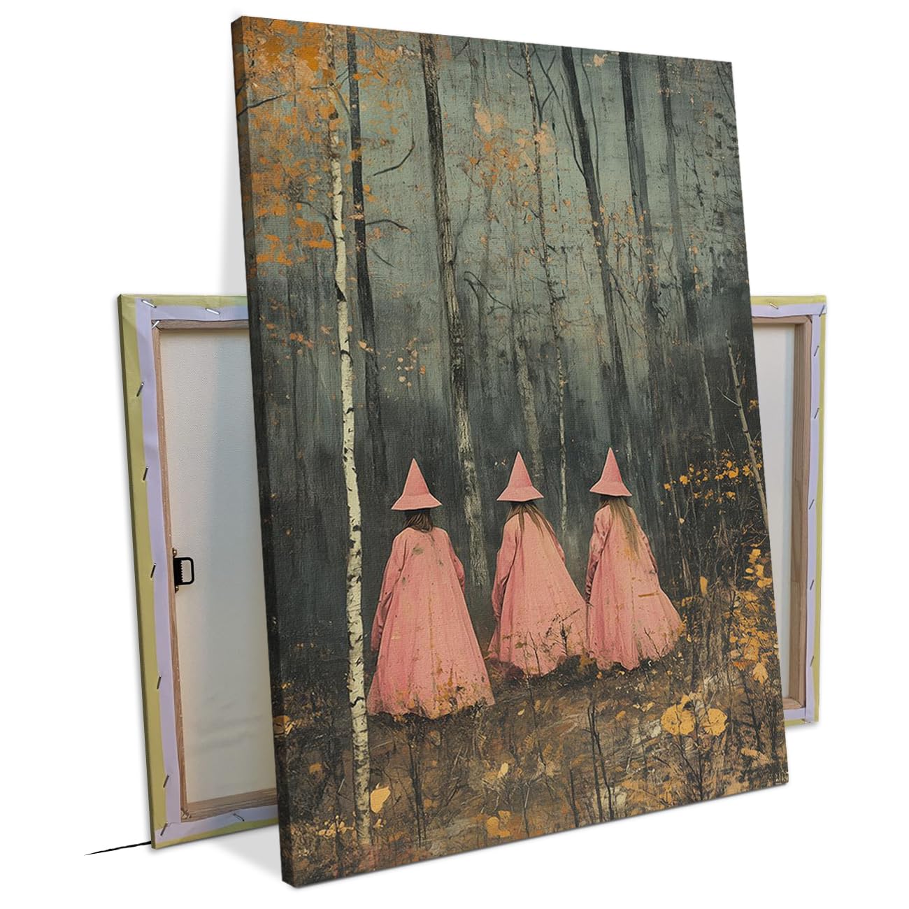 Vintage Woodland Witches Wall Art Pink Halloween Wall Decor Prints (L16"xW12"-WoodFrame Ready to Hang) Spooky Dark Cottagecore Canvas Poster Witch