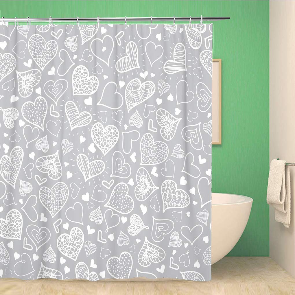 Awowee Color 16 Decor Shower Curtain Gray Pattern Silver Grey Doodle Hearts Valentine Day Love 152X180cm Polyester Fabric Waterproof Bath Curtains Set With Hooks For Bathroom