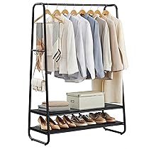 VASAGLE Stand Appendiabiti, Appendiabiti da Terra con 2 Ripiani, 6 Ganci Laterali a S, Struttura in Acciaio, 45 x 100 x 160 cm, Camera da Letto Corridoio, Nero Ebano e Nero Opaco RGR112B03
