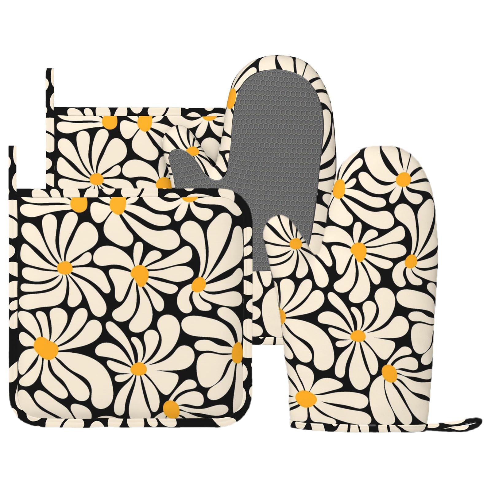 Boho Florals Lot de 4 gants de cuisine et maniques | Moufles de cuisine vintage en silicone à rayures noires et beiges pour cuisine, chef, barbecue, barbecue