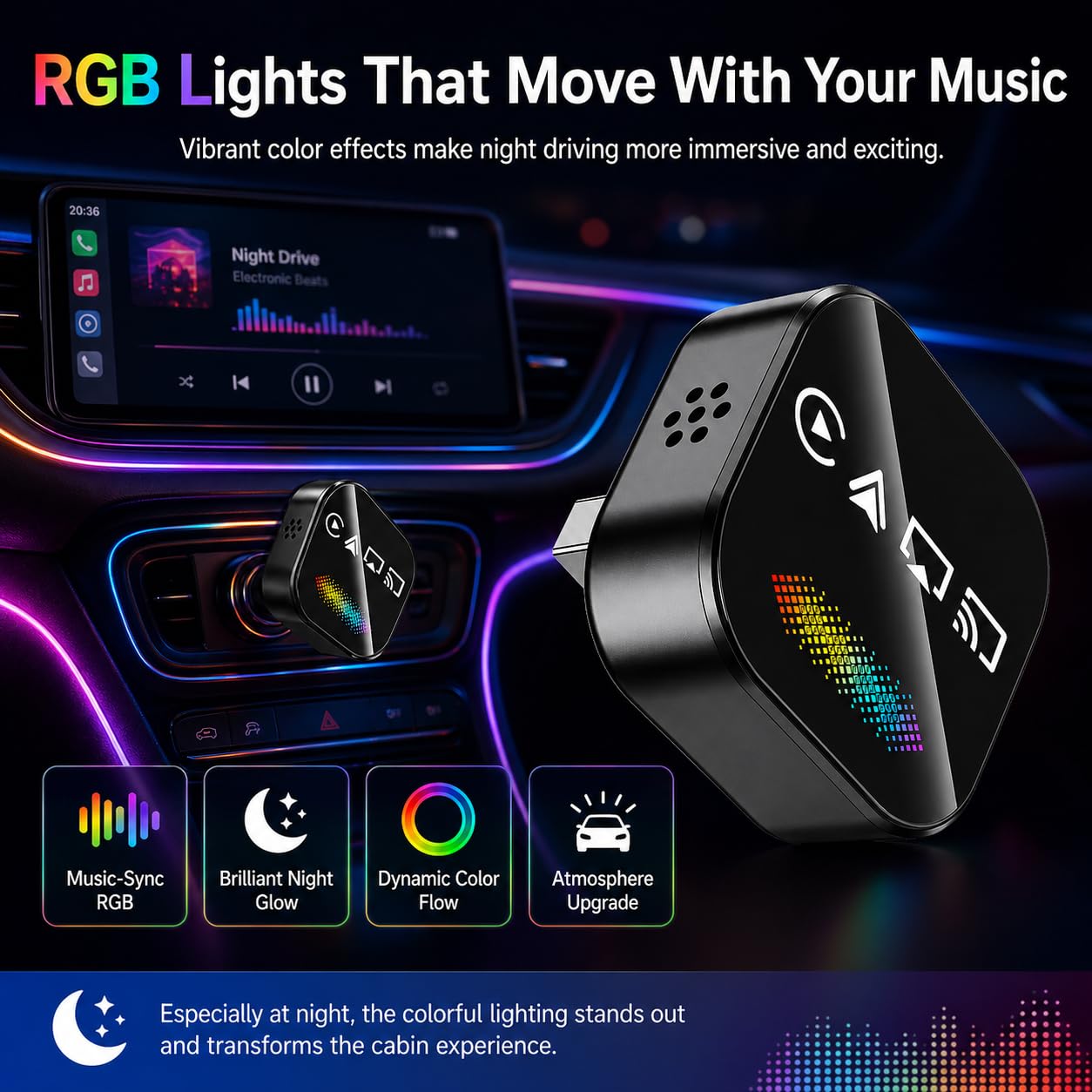 auvstar Adaptateur CarPlay & Android Auto sans Fil, 2026 Optimisé 4en1 RGB Mirror Link USB/Type-C iOS 11+ Android 12+ Voitures avec CarPlay Filaire à partir de 2016