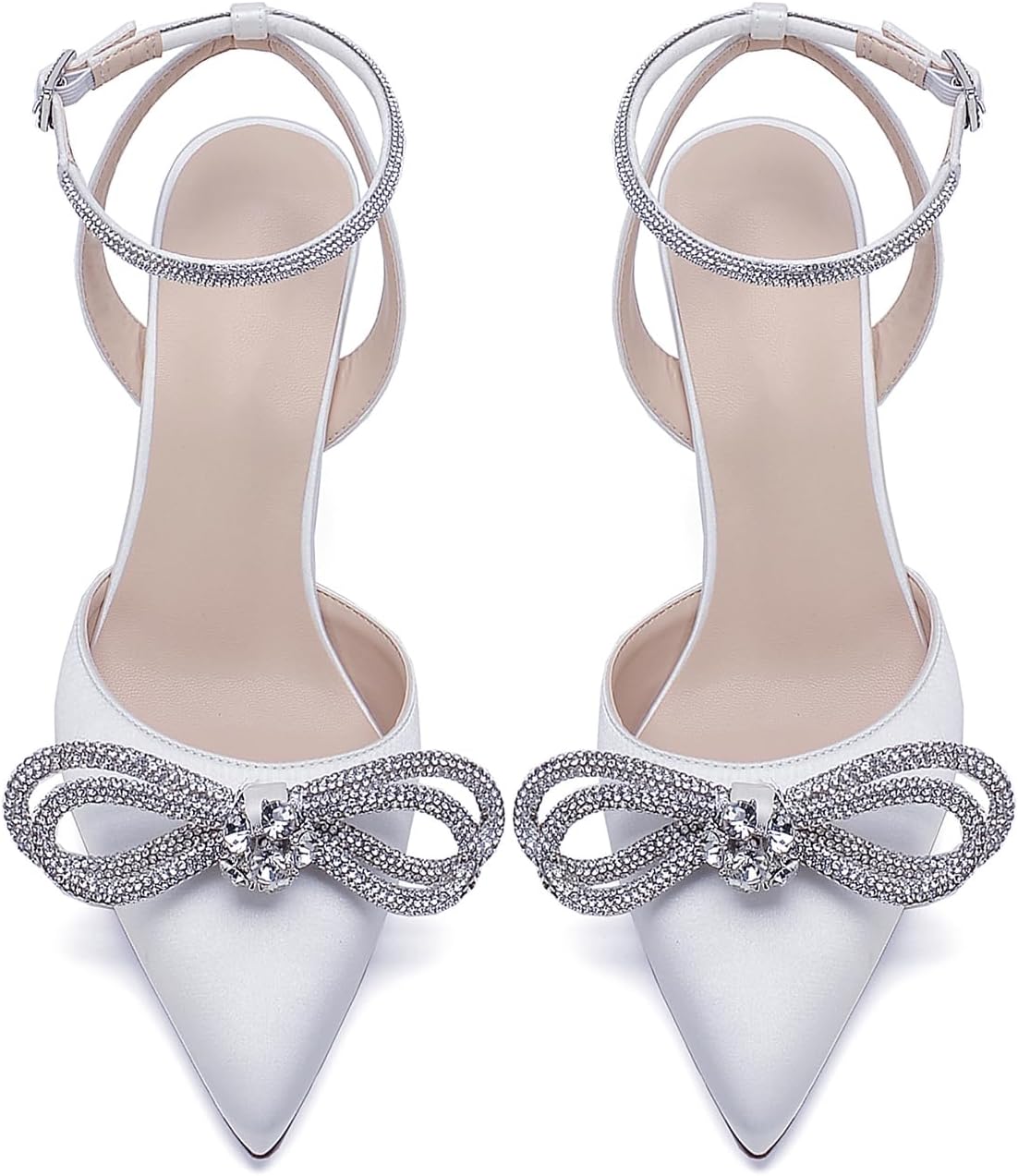 Pointed Toe Satin White Wedding High Heels Rhinestone Ankle Strap Dress Shoes Pumps for Bride