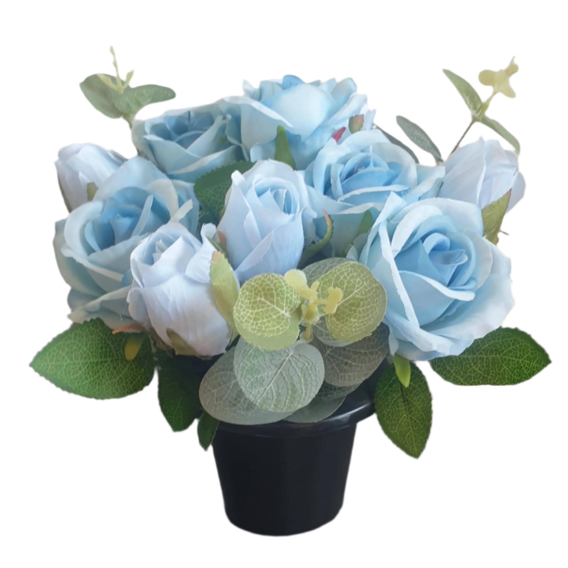 Artificial Cemetery or Grave Pots, Rose Arrangements in Pots, 25cm Height, 12 Roses with Eucalyptus, Multiple Colour Options (Blue)