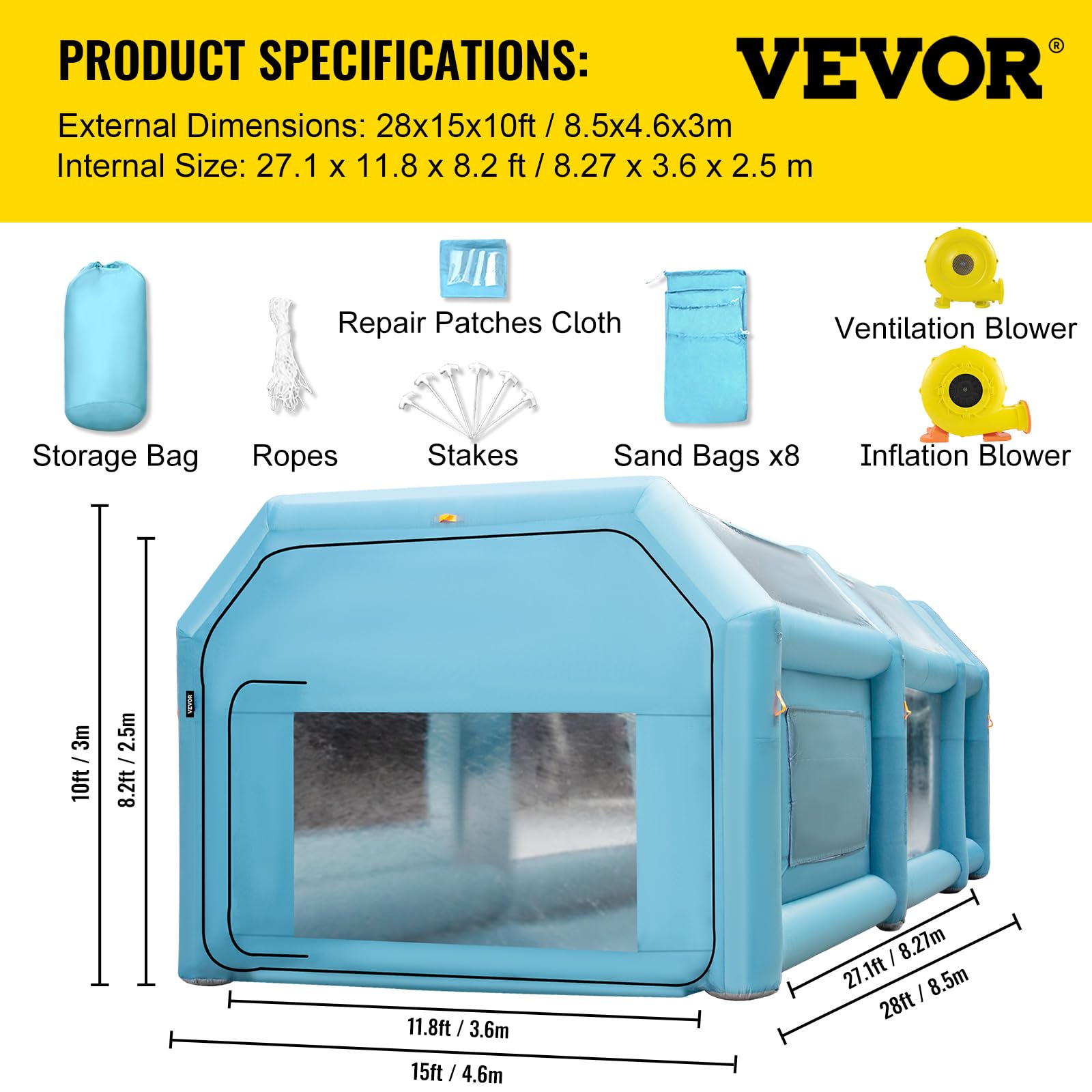 VEVOR Tragbare Aufblasbare Lackierkabine, 8,5 x 4,6 x 3 m, Spritzkabine mit Luftfiltersystem und 2 Gebläsen