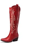 DREAM PAIRS Women's Cowboy Cowgirl Boots Knee High Square Toe Retro Western Embroidery Stitched V Cut Chunky Heel Boots with Side Zipper for Music Festival