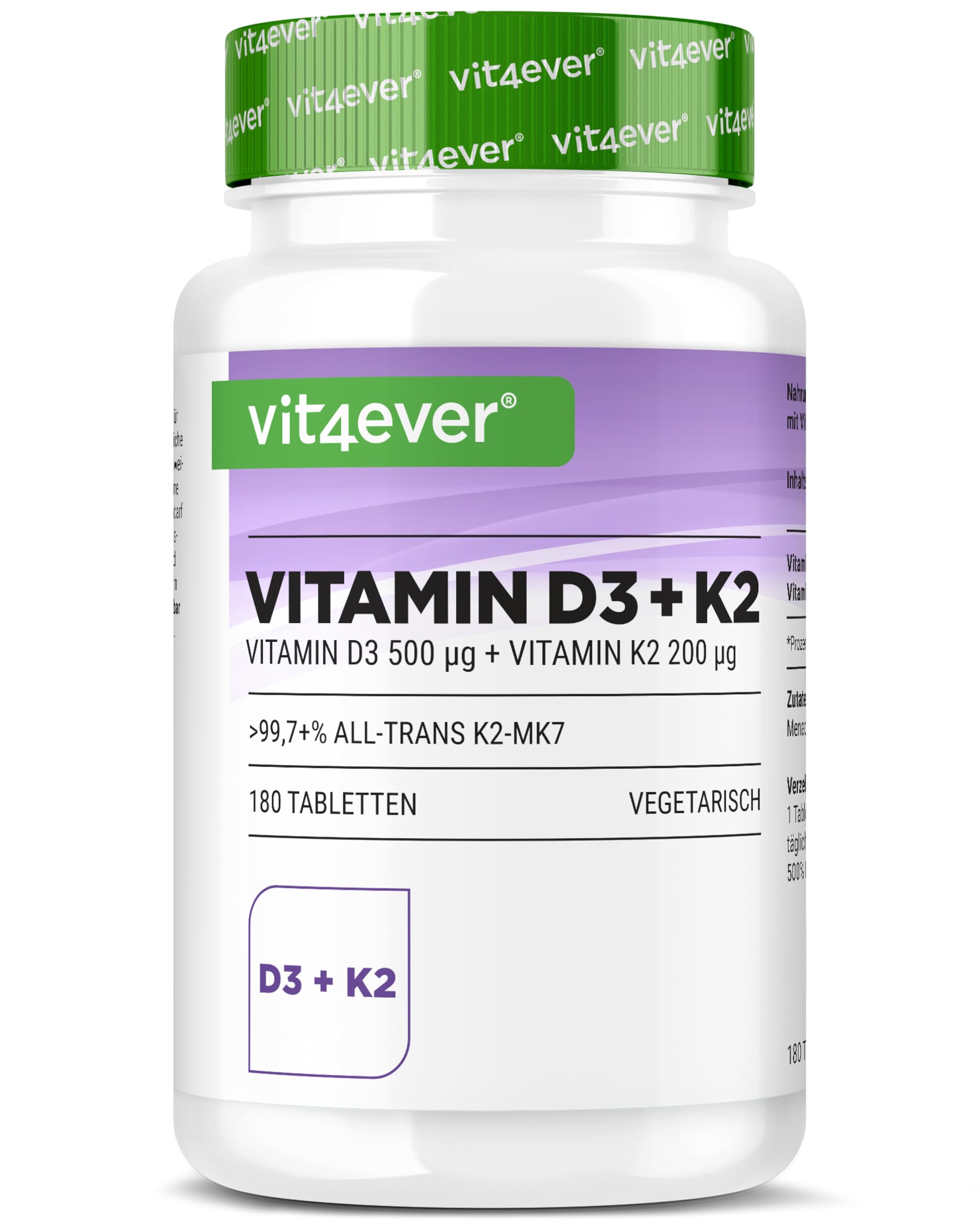 Vitamine D3 + K2 MK-7-180 Comprimés - 20.000 U.I. (500µg) Vitamine D3 & 200µg K2 par Comprimé - Matière Première Premium: 99,7+% All-Trans - Haute Pureté - Forte Dose - Végétarien