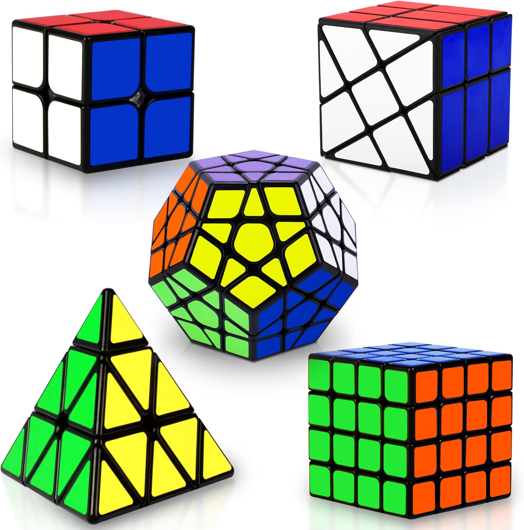 Speed Cube Set, Magic Cube 2x2 3x3 4x4 Pyraminx Pyramid Megaminx Puzzle Cube Toy Gift for Children Adults, Pack of 5