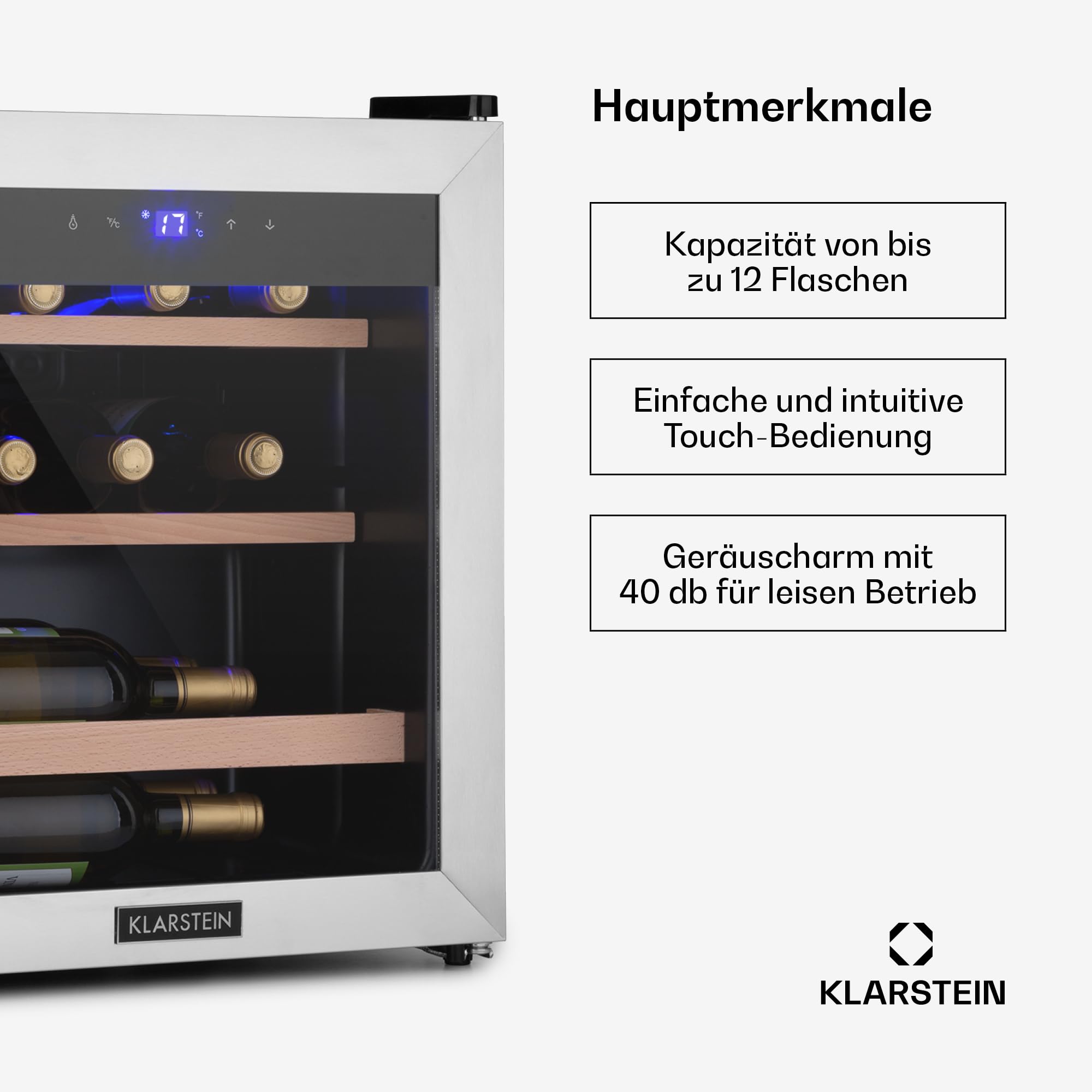 Klarstein Weinkühlschrank, Getränkekühlschrank Schmal, Kühlschrank mit Glastür, Getränkekühlschränke Freistehend, Weinkühlschrank Klein, Weinkühlschränke 1 Zone, UV-Schutz, 4-18 °C, 12 Flaschen