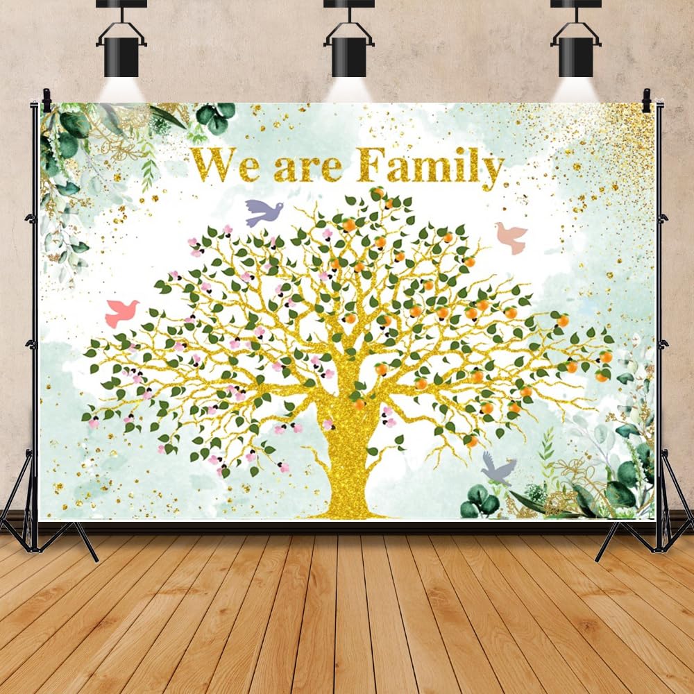 Family Reunion - Fondale con albero genealogico dorato, 3 x 2,1 m, glitter oro, vinile, occasioni versatili