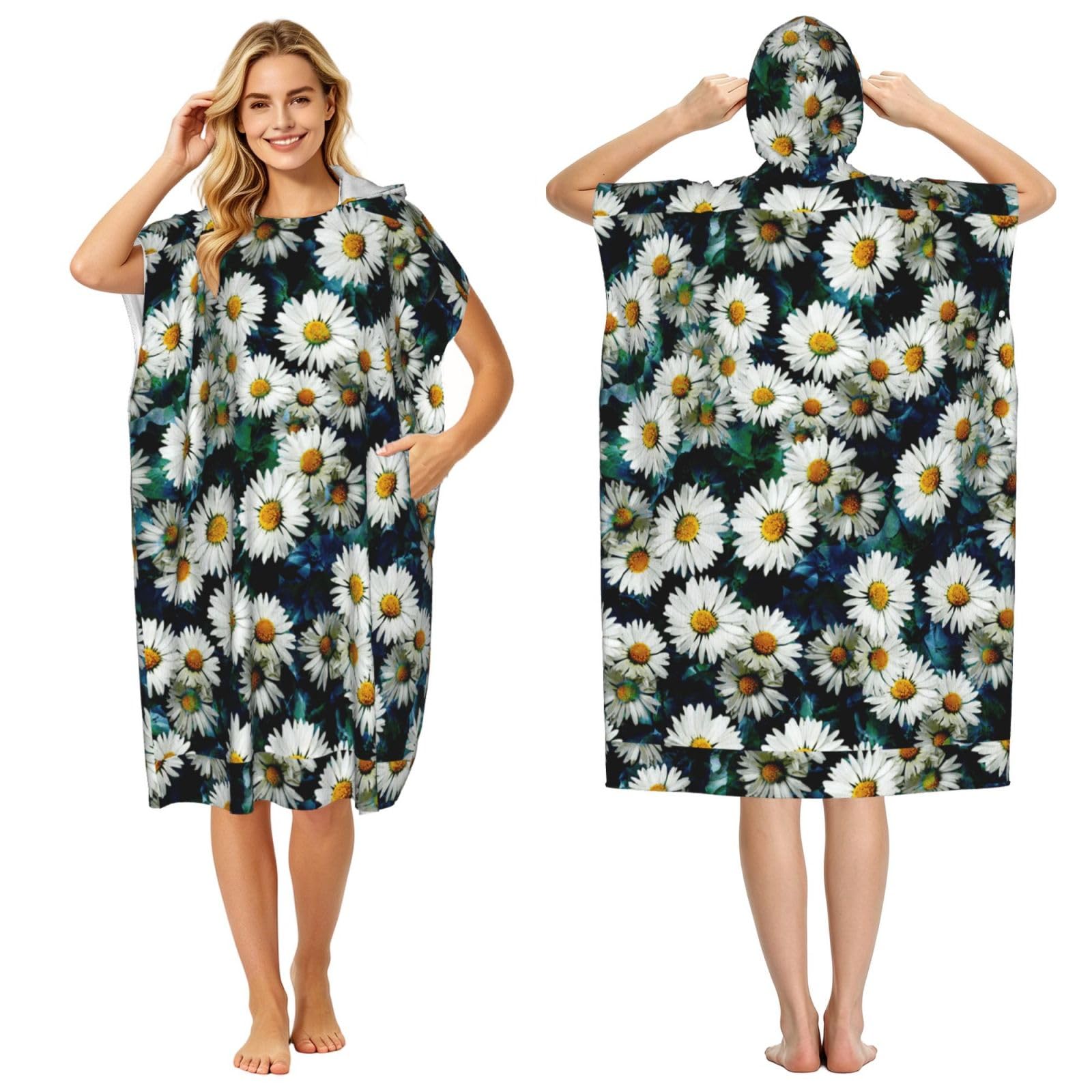 Poadnly Fashion Daisy, Adult Hooded Beach Towel 90 x 110 cm,Changing Bath Robe, Surf Poncho Towel For Women Men