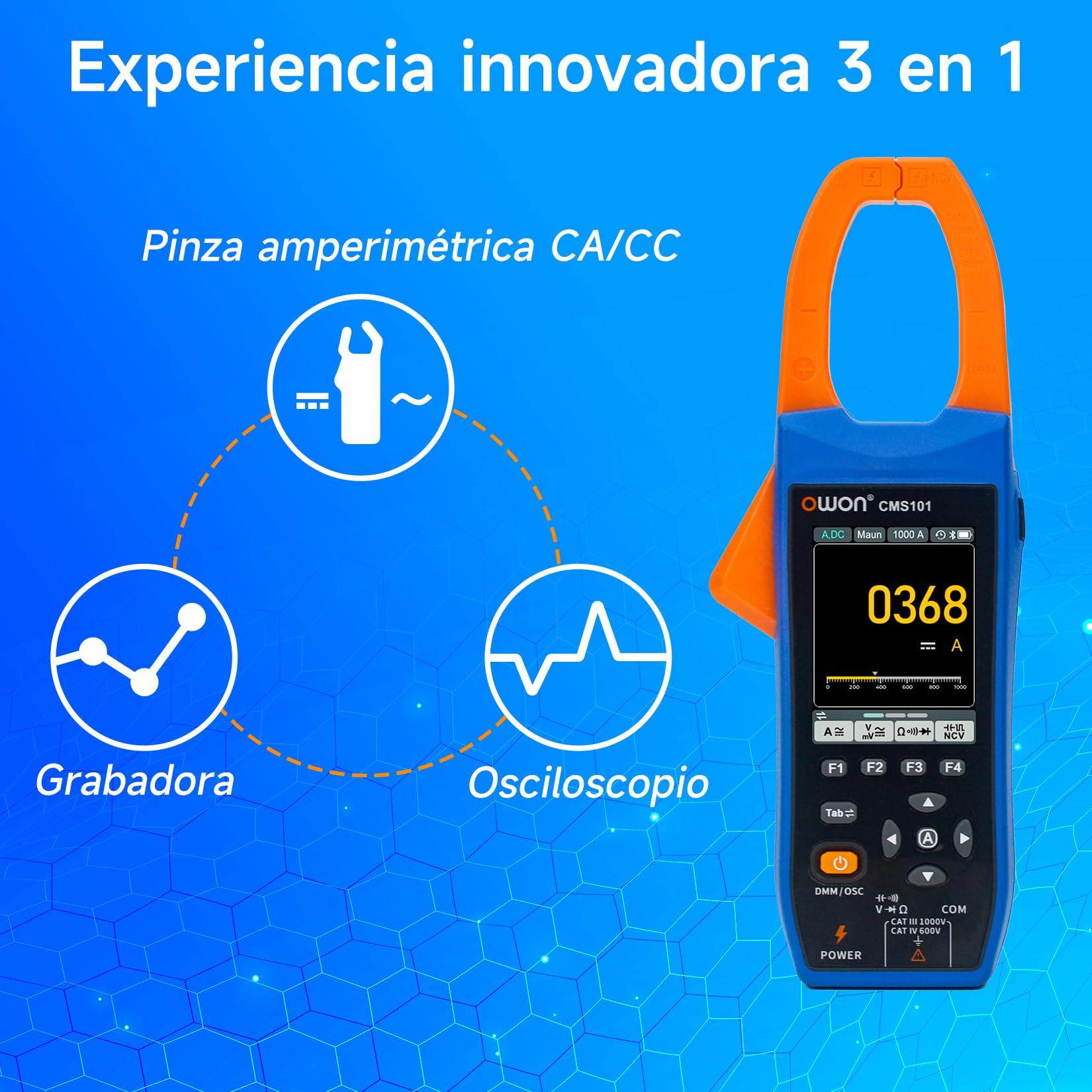 OWON Medidor de pinza de corriente AC/DC, función de escritura, 3 en 1, 20000 recuentos True RMS, escritura Bluetooth y osciloscopio