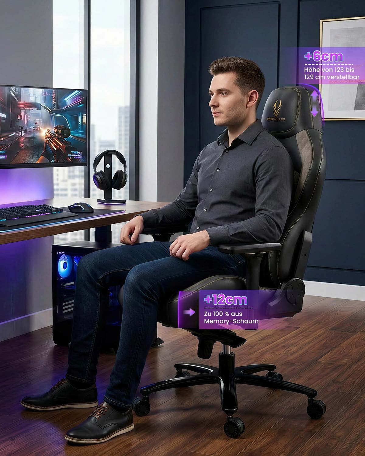 Bosmiller Gaming Stuhl 200kg Belastbarkeit Ergonomischer Bürostuhl bis 200kg Schreibtischstuhl XXL mit 4D Armlehnen Höhenverstellbarer Gaming Chair Chefsessel für Gamer und Esport
