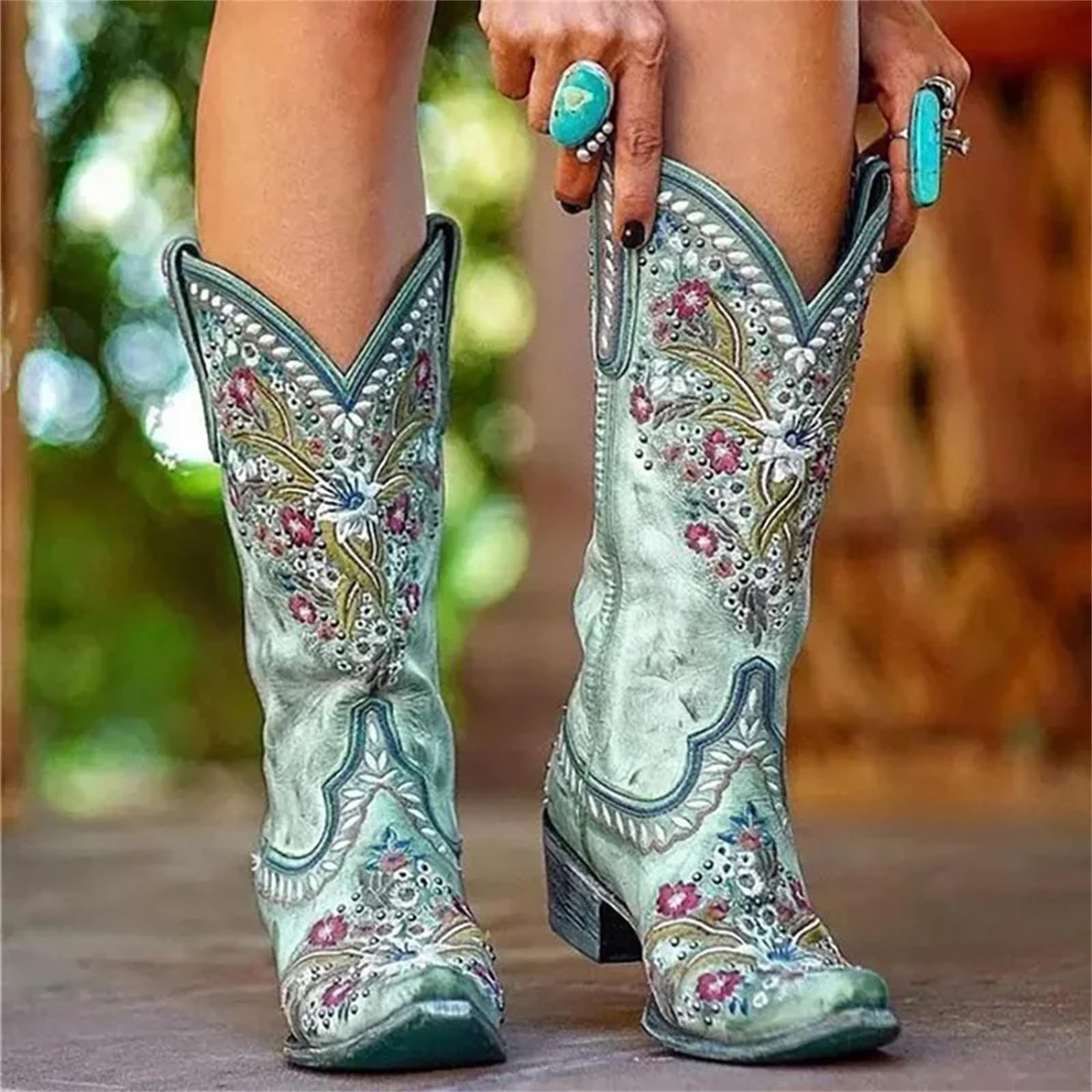 Lmtossey Stivali da donna leggeri al ginocchio con cuciture in pelle PU 3 CM tacchi quadrati retrò punk etnico scarpe