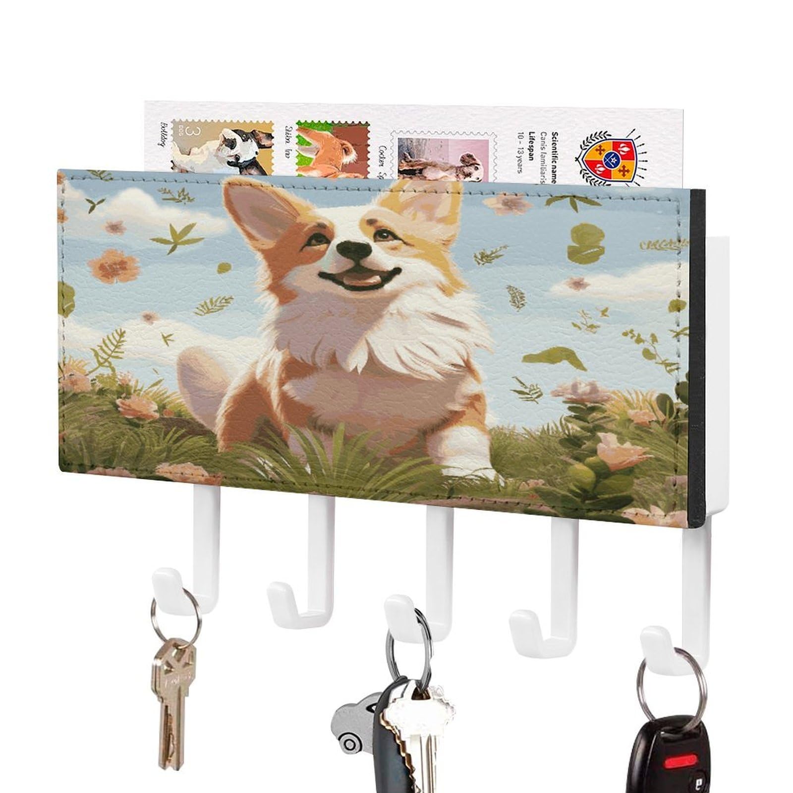 FekiLoot Lovely Corgi Key Holder Wall Mount Key and Mail Holder Key Hanger with 5 Hooks Decorative PU Key Rack Hanging Key Hooks for Wall Living Room Kitchen Bathroom Hallway White-Style
