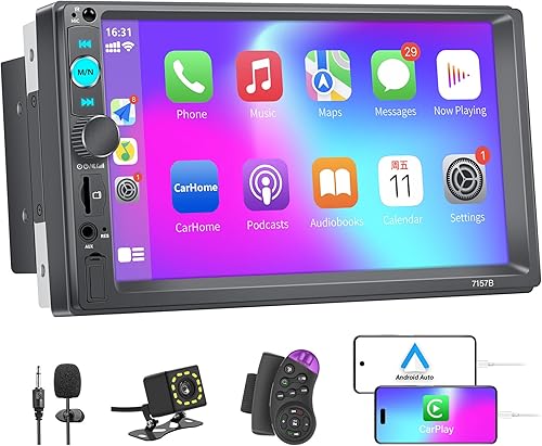Miniatura 1 de Hexahedron Estéreo de auto doble DIN con Apple Carplay y Android Auto, pantalla táctil de 7 pulgadas, cámara de respaldo, Bluetooth, enlace de