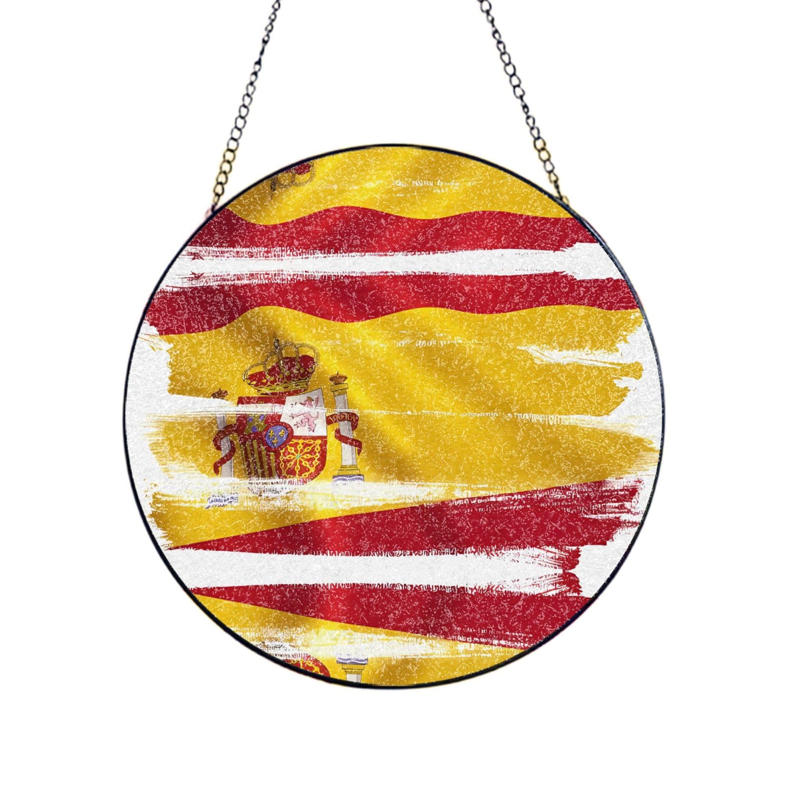Phayah Spain Flag Print Glass Window Hanging Sun Catchers Suncatcher Decor For Birthday For Home Garden Porch 10in（25cm）
