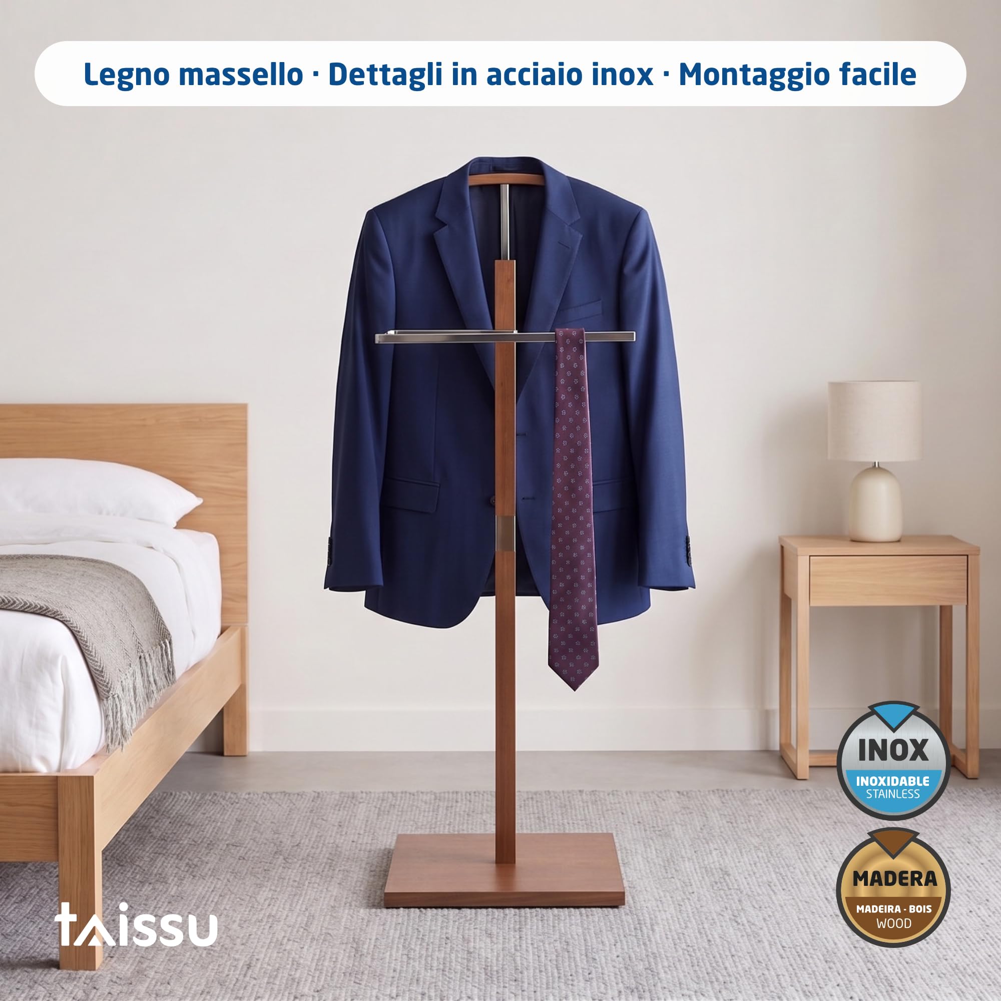 Servo Muto Mod. VAREN - Finitura Cromo e Legno - Con Appendiabiti Superiore e Barra per Pantaloni - 47 x 35 x 111 cm - Acciaio Inossidabile e Legno - Appendiabiti per Camera da Letto