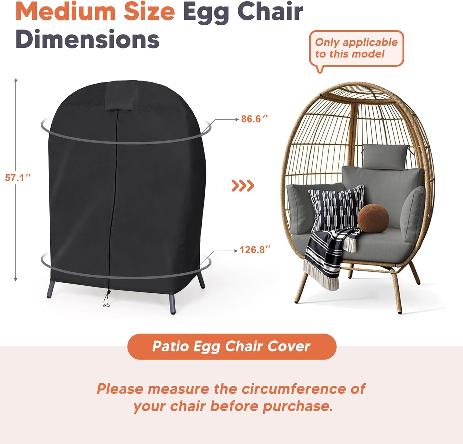 SUNCREAT Lawn Egg Chair Cover, Patio Furniture Cover for Indoor Outdoor Lounger, Medium Size, Black