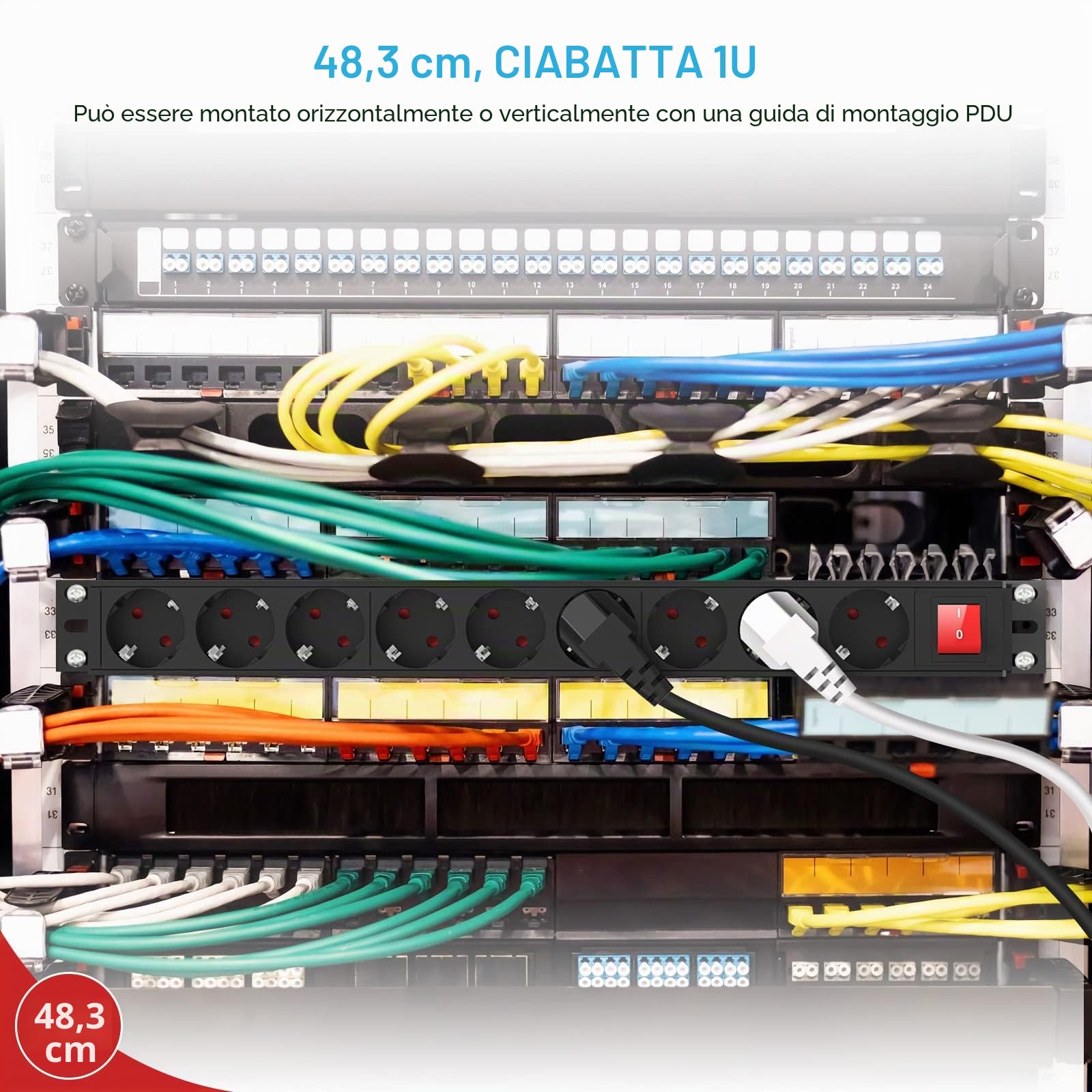 Multipresa Ciabatta Elettrica 9 Prese, Presa Multipla con Interruttore per Rack 19" in Alluminio, Protezione contro Sovratensione, Prolunga Elettrica 2 metri, 3500W/16A per Ufficio Casa, Nera