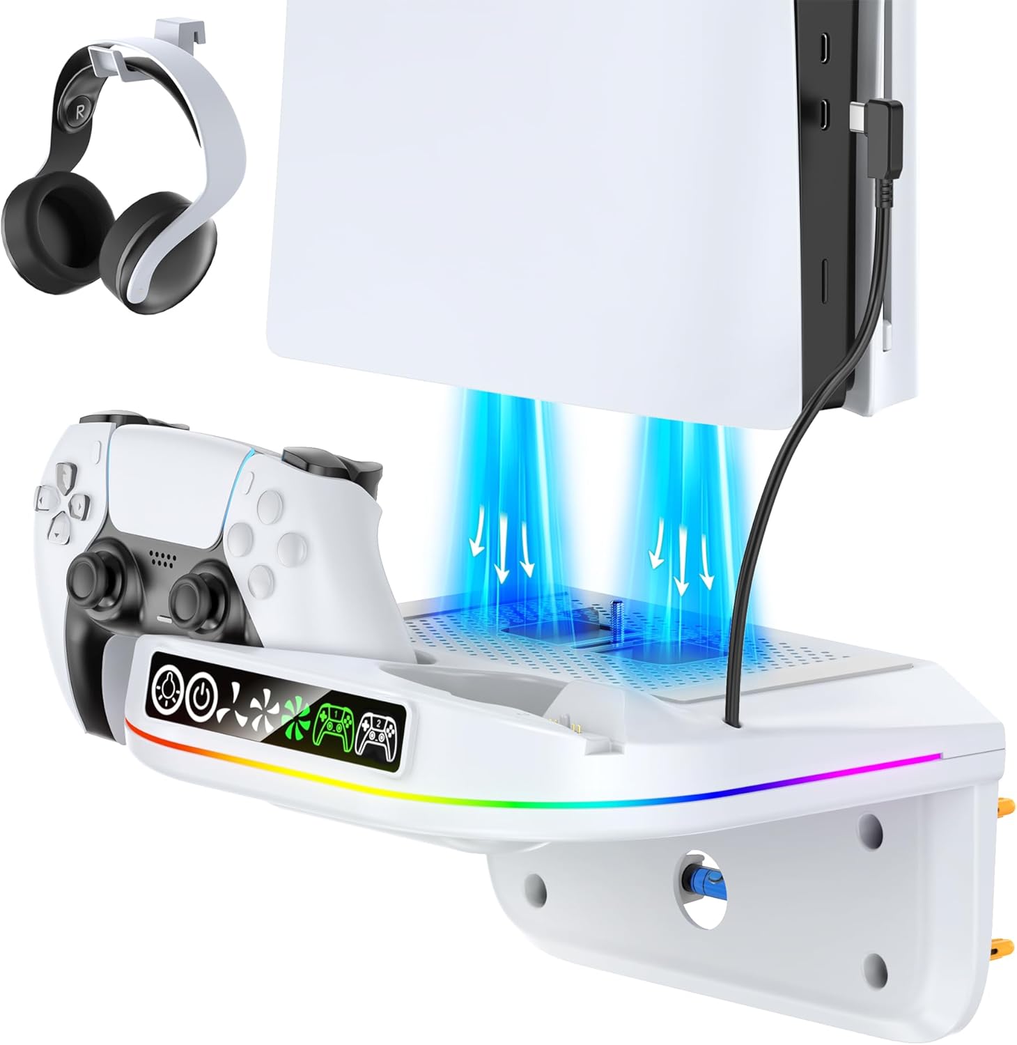PS 5 Wall Mount Kit with Cooling Fan and Charging Station Compatible with P5/ Slim/ Pro Disc and Digital, PS Five Floating Base Holder Shelf with 9 RGB Lights & 3-Level Fan, P5 Accessories for Gaming