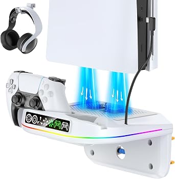 PS 5 Wall Mount Kit with Cooling Fan and Charging Station Compatible with P5/ Slim/ Pro Disc and Digital, PS Five Floating Base Holder Shelf with 9 RGB Lights & 3-Level Fan, P5 Accessories for Gaming