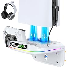 PS 5 Wall Mount Kit with Cooling Fan and Charging Station Compatible with P5/ Slim/ Pro Disc and Digital, PS Five Floating Base Holder Shelf with 9 RGB Lights & 3-Level Fan, P5 Accessories for Gaming