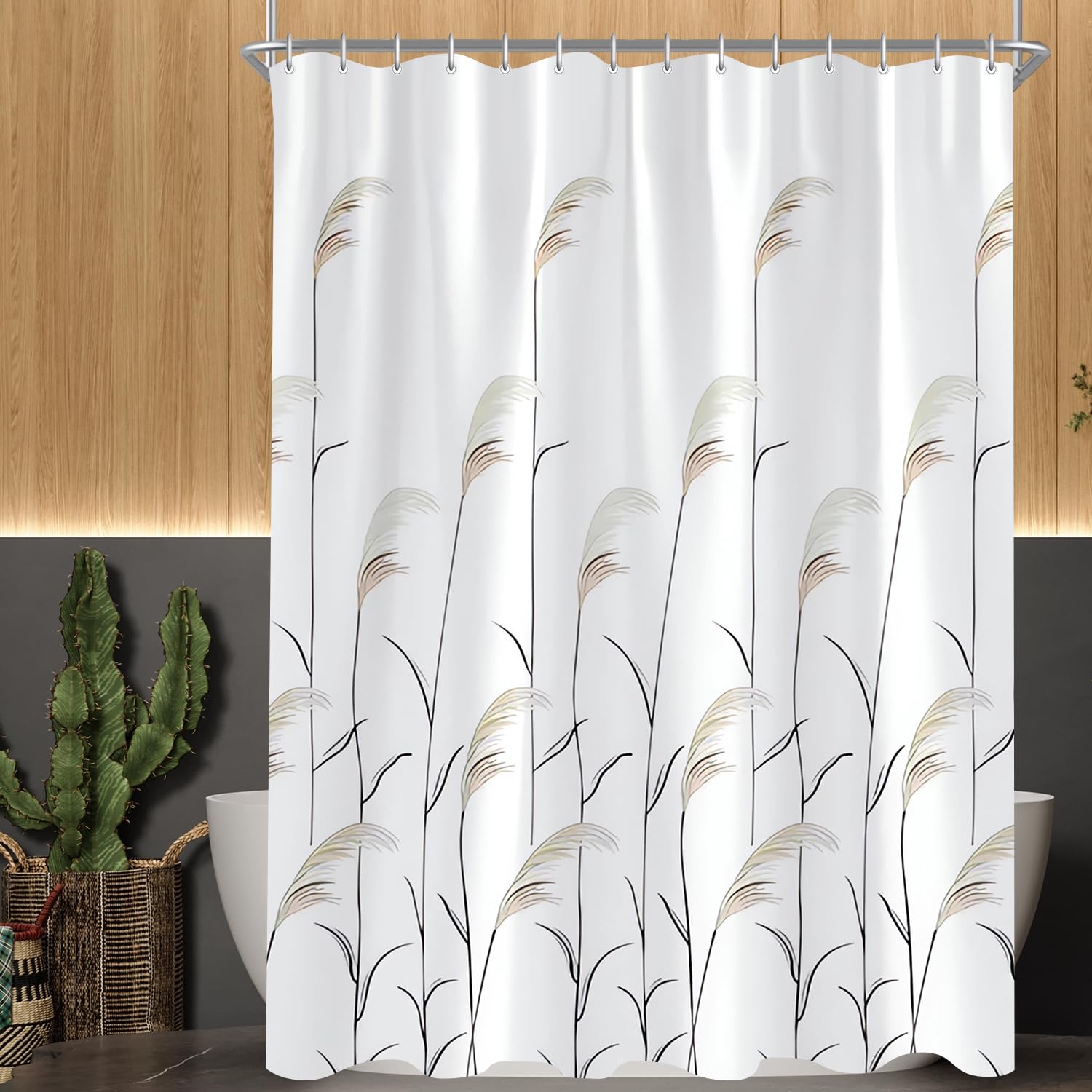 Lerores Cortina de ducha de 80 x 200 cm, orejas de trigo, dobladillo con peso, antimoho, impermeable, lavable, tela de poliéster con ojales y 5 anillos de cortina de ducha para baño, bañera