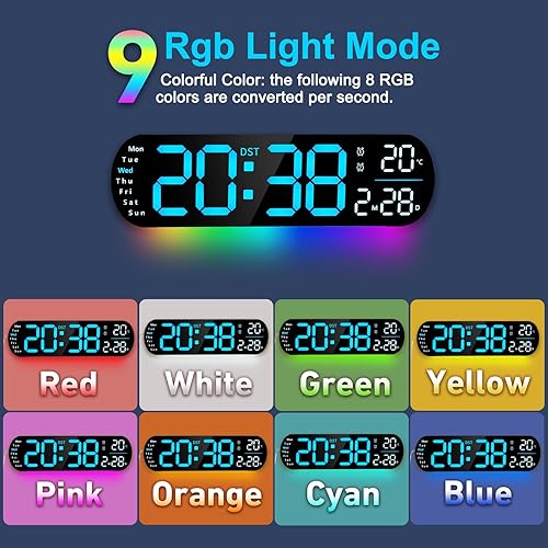 Miniatura 4 de Reloj de pared digital de 13.7 pulgadas, pantalla grande con control remoto, reloj de pared digital grande LED con cambio de color RGB, temperatura