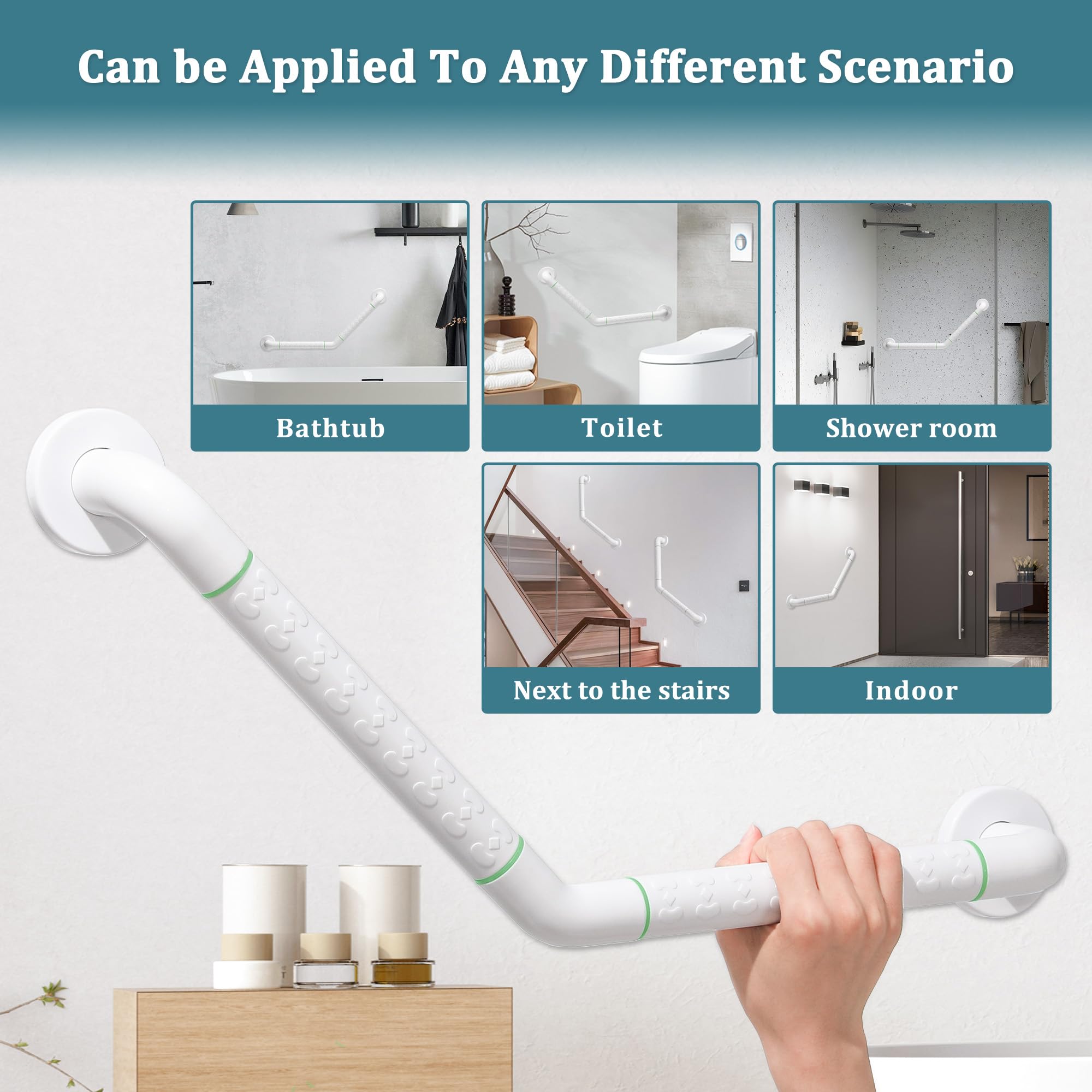 Fanwer Barre d'appui de baignoire à 135° avec poignée antidérapante et cercles lumineux de sécurité, poignée de bain en acier inoxydable, poignée murale de douche, porte-serviette.