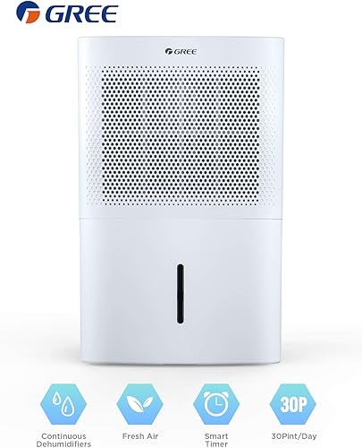 GREE Chalet Deshumidificador portátil para el hogar sótanos baños, humedad programable, conector de manguera, ruedas y filtro lavable (blanco, 70