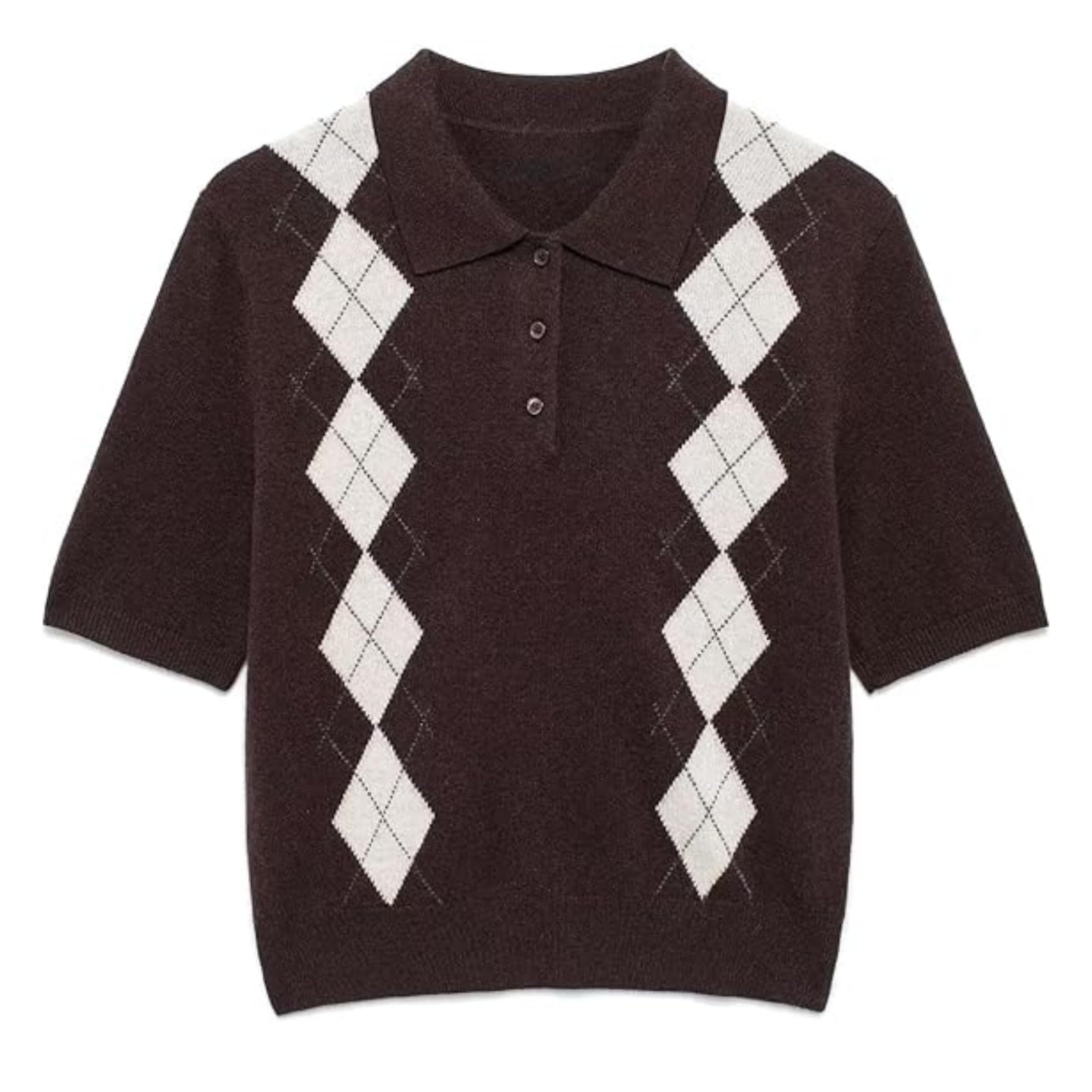 Womens Short Sleeve Polo Knit Tops Lapel Neck Argyle Pullover Sweaters