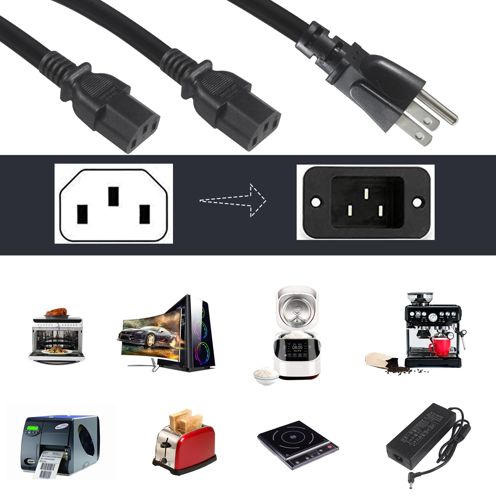 Rozdzielacz Y 6 stóp NEMA 5-15P do 2X IEC60320 C13 2-drożne wyjście AC, SJT 16AWG Uniwersalny do laptopa 3-pinowego C13 Y Spliiter do monitora/telewizora