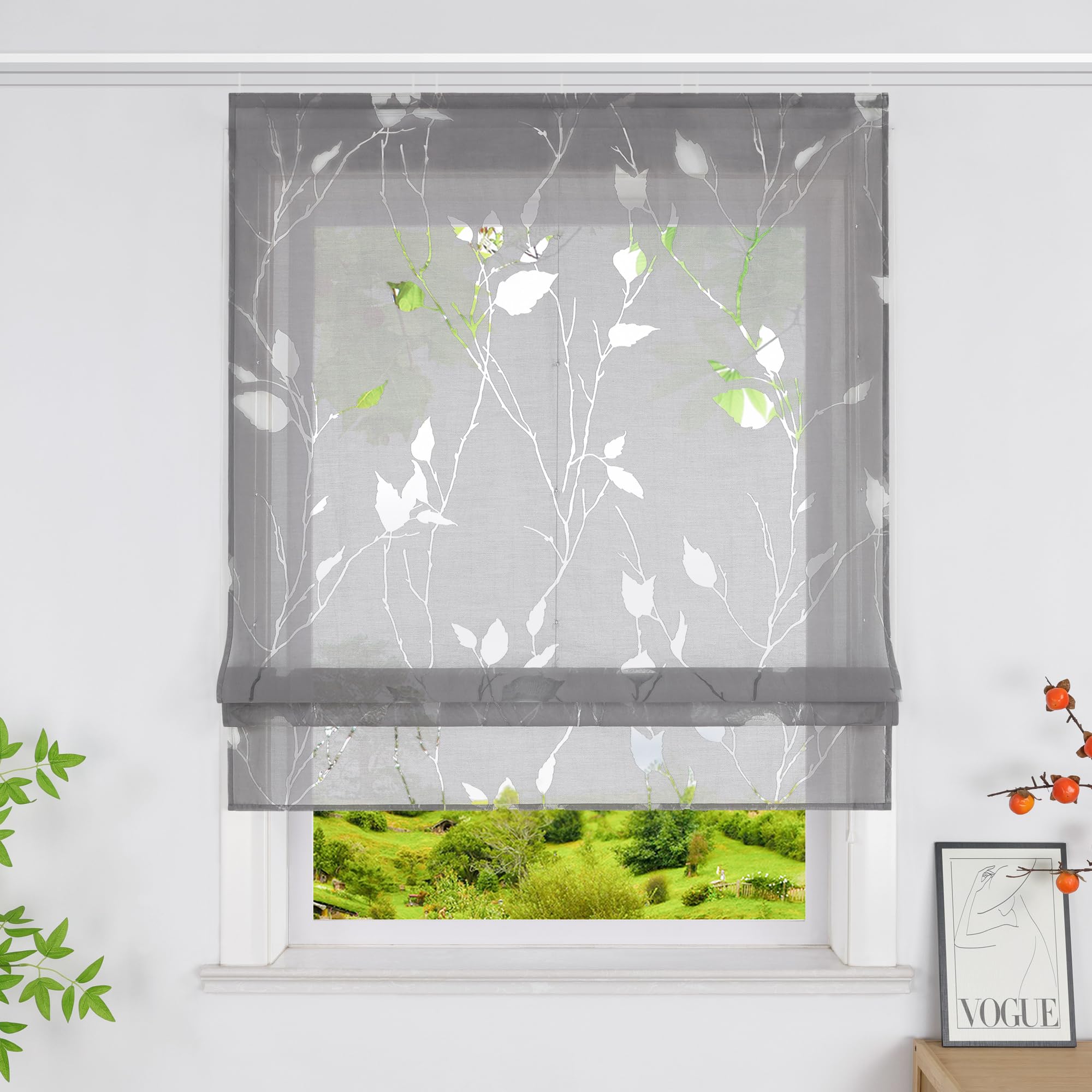 Heichkell Raffrollo Wohnzimmer Transparent Rollo mit Schiene Ausbrenner Raffgardine mit Blätter Grau BxH 140x140 cm