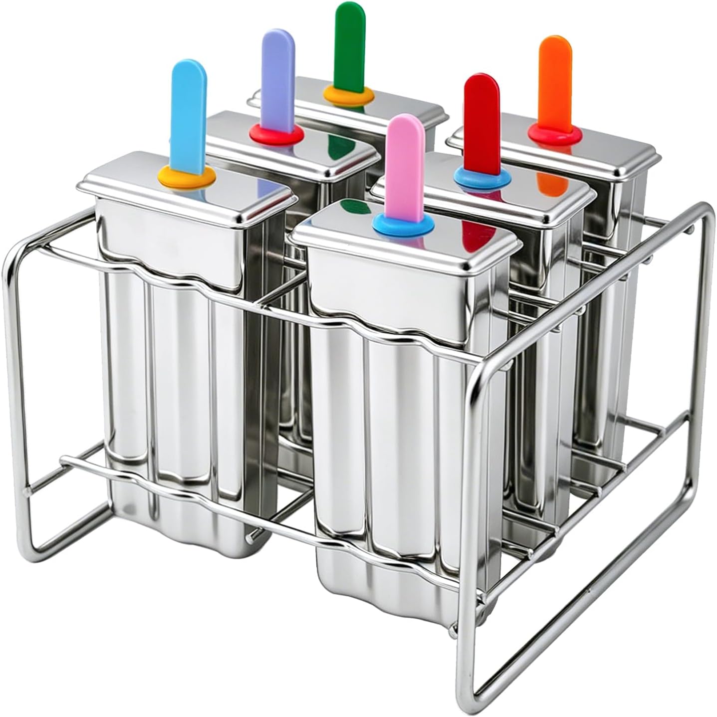 6-Piece Stainless Steel Popsicle Molds, Reusable Homemade Ice Pop Makers with Stand, Eco-Friendly for Kids & Adults, Includes Colorful Acrylic Sticks, Wooden Sticks & Bags（Round Head ）