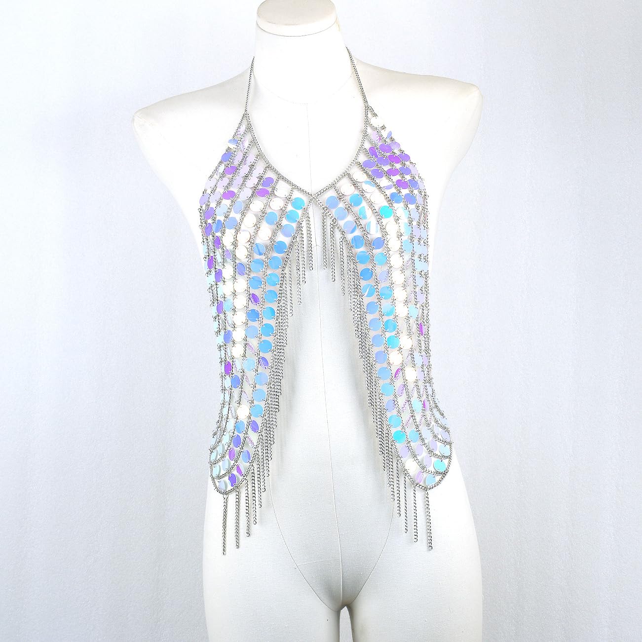 CHRAN Chaîne de poitrine sexy pour femme avec paillettes et dos nu Argenté Doré