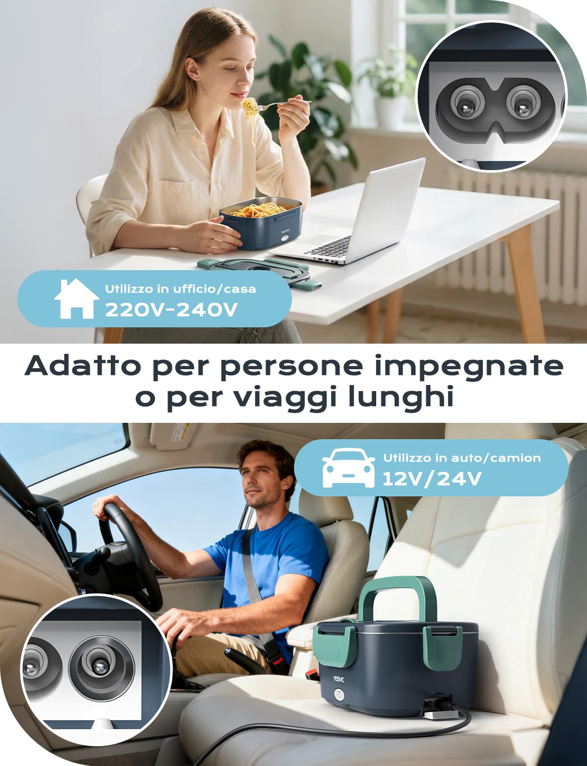 YISSVIC Scaldavivande Elettrico Portatile 1.5L con Borsa Pranzo - 4 in 1 (12V/24V/220V) 60W, Acciaio Inox, Forchetta e Cucchiaio Inclusi - Ideale per Auto, Ufficio e Viaggi