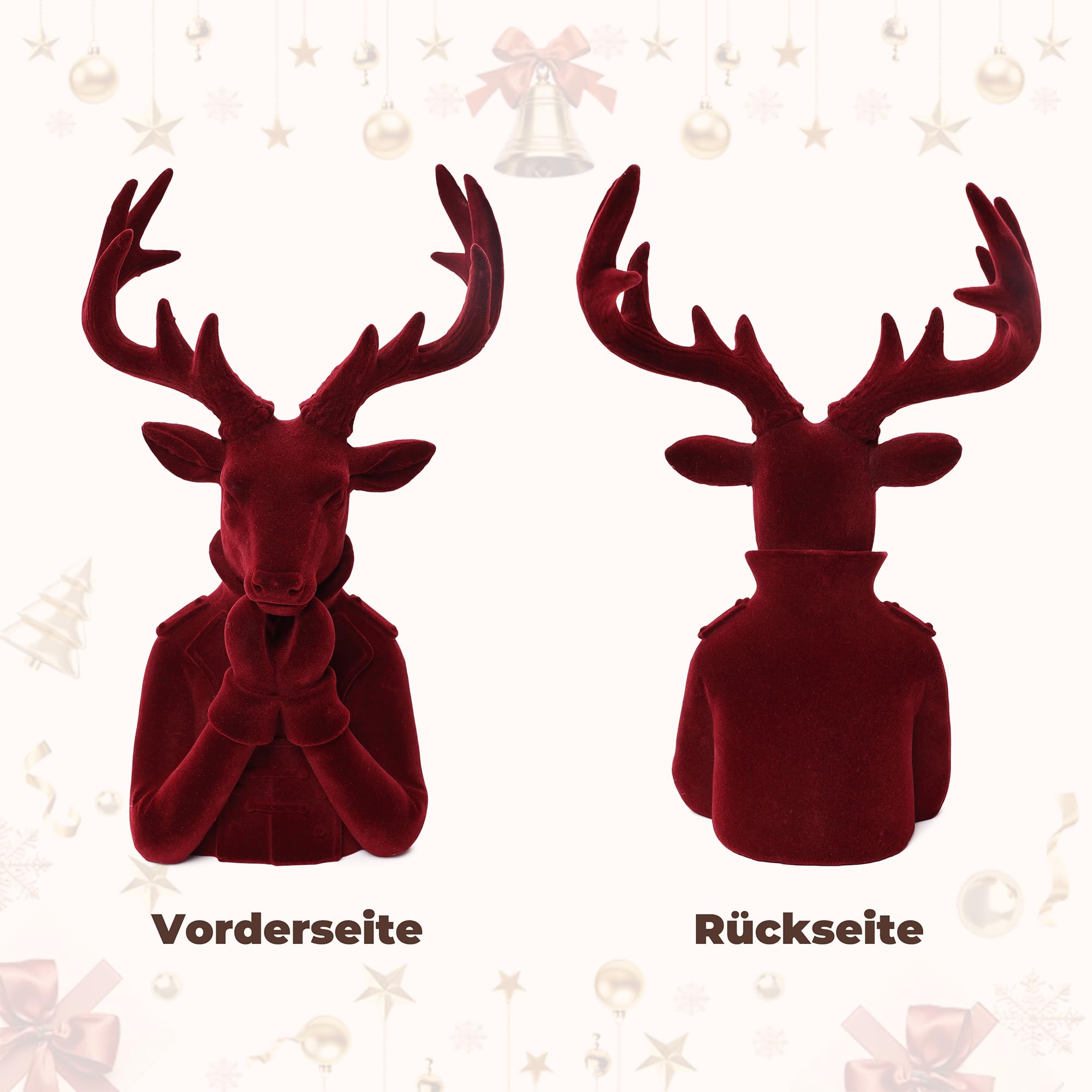 Hometopia Hirsch Deko Weihnachten 34 cm, Kunstharz Hirschkopf Rot | Eleganter Hirschkopf mit weicher Samtoptik, dekorativer Weihnachtsanhänger für Tisch, Regal und als Schmuckhalter