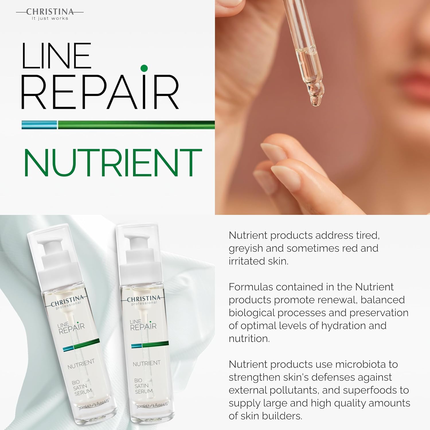 Cristina Nutrient Bio Satin Face Serum - 30 ml - Squalane, Vitamin A and Vitamin C Serum for Face for Even, Radiant Glow and Firmer Complexion - For Dry, Normal and Sensitive Skin - Image 6