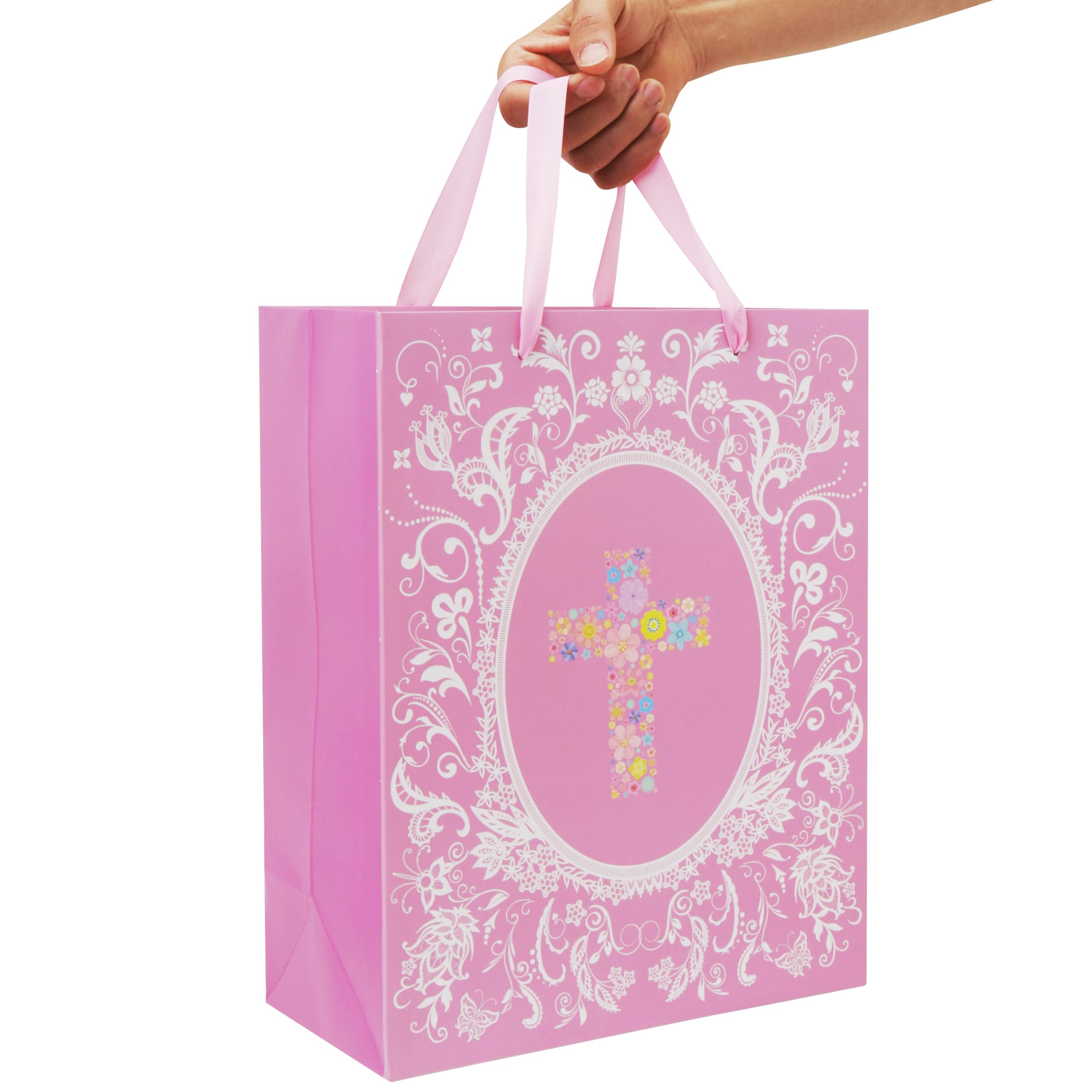 13'' Large Floral Religious Gift Bag Set with Handles, Greeting Card, Gold Tissue Papers and Stickers for Women Girls for Girls Women, for First Communions, Baby Girl Baptisms, Christenings, Religious Occasion, Clergy Day, Cross Design, 1 Pcs