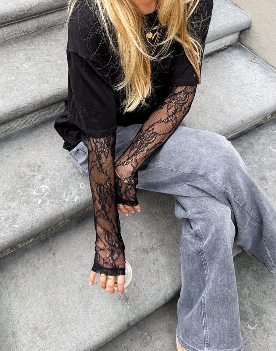Womens Summer Lace Long Sleeves Shirt Spliced Loose Crewneck Fashion Thin T-Shirt Casual Solid Color Tops - Image 4