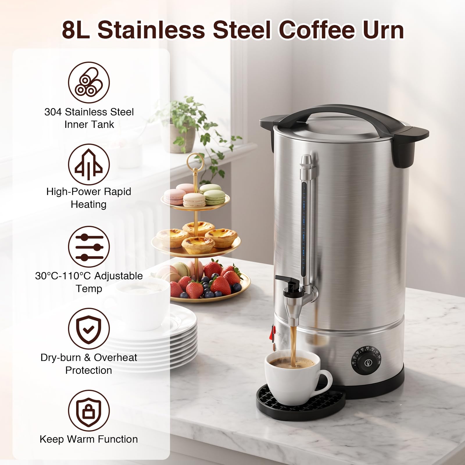 Cafetière urne de 8 l avec filtre rond, en acier inoxydable 304, avec réglage de la température de 30 à 110 °C et indicateur de niveau, pour maison, fête, bureau, mariage