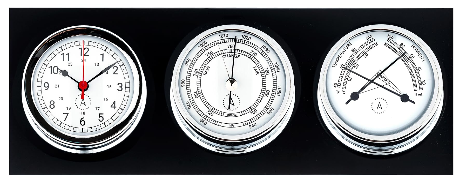 Autonautic - Stazione meteorologica nautica in ottone cromato - Orologio, barometro e termoigrometro, per imbarcazioni o decorazione - 95mm (ø) - Made in Spain.