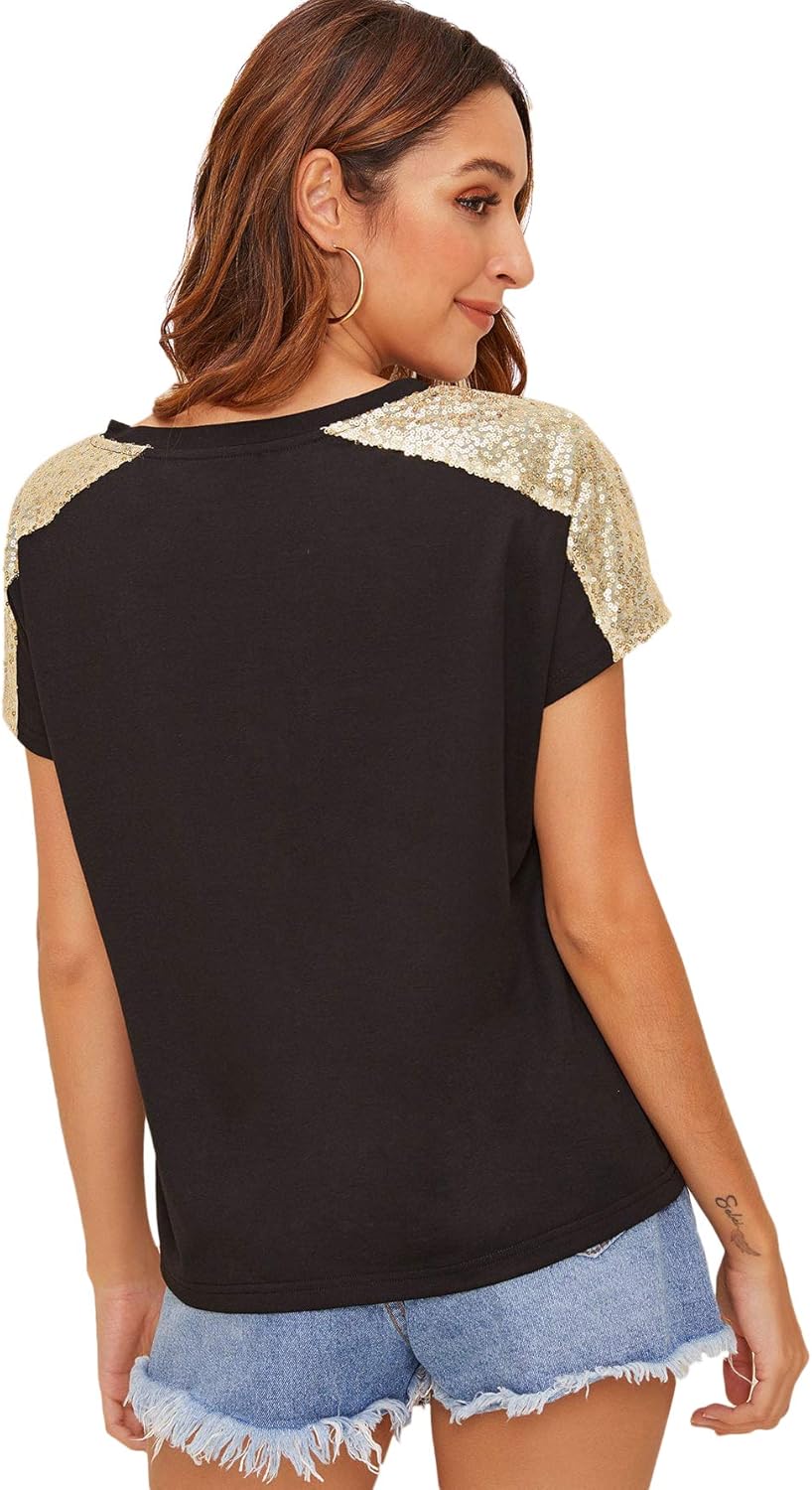 SweatyRocks Women's Casual Contrast Sequins Summer T Shirts Short Sleeve Solid Plain Tee Tops - Image 2